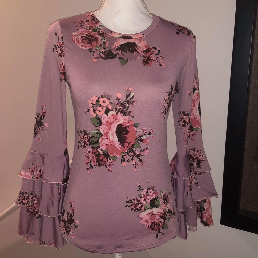 LAYERED RUFFLE LONG BELL SLEEVE TOP - Picture 2 of 6